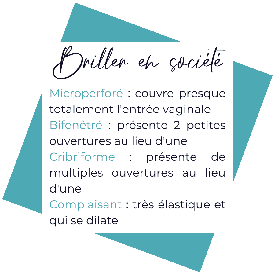 Les différentes types d'hymen.
Hymen microperforé : couvrant presque totalement l'entrée du vagin.
Hymen bifenêtré : présente 2 petites ouvertures au lieu d'une.
Hymen cribiforme : présente de multiples ouvertures au lieu d'une.
Hymen complaisant : très élastique et qui se dilate.