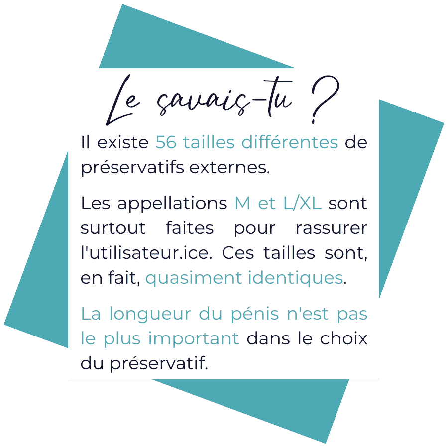 Le savais-tu ?
Il existe 56 tailles différentes de préservatifs externes. Les appellations M/L/XL sont surtout faites pour rassurer les utilisateurs et utilisatrices. Car les tailles sont quasiment identiques. 
La longueur du pénis n'est pas ce qui est le plus important dans le choix du préservatif.