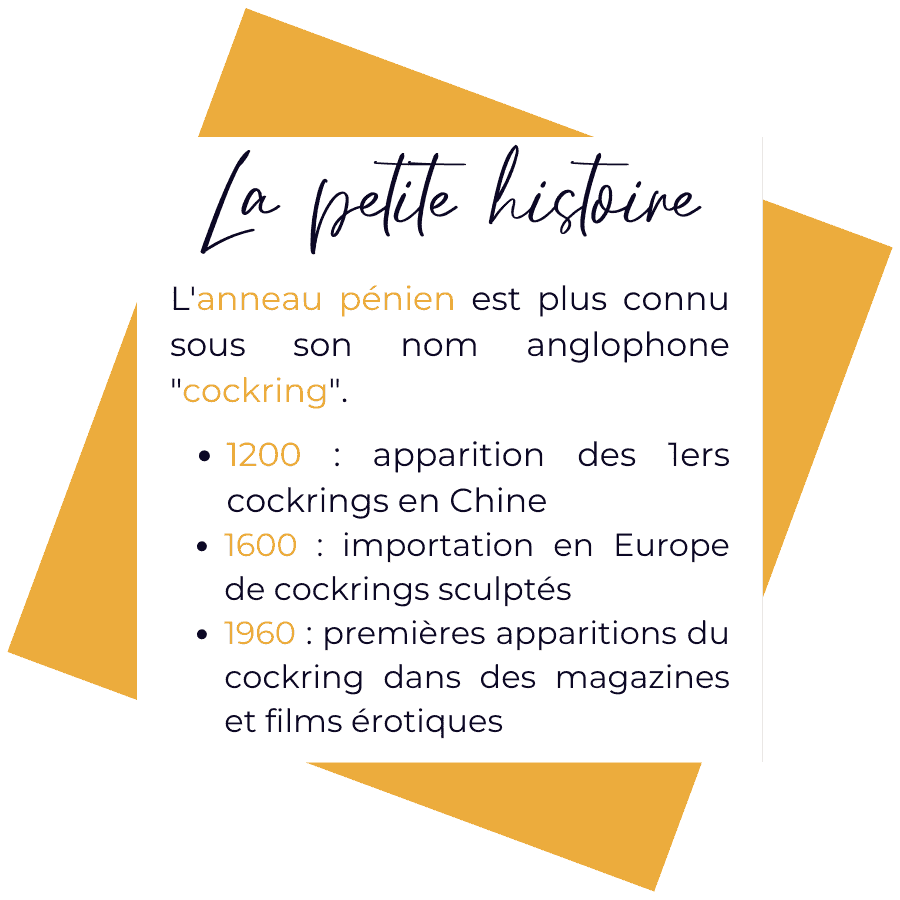 Histoire anneau pénien. Plus connu sous le nom de "cockring". En 1200 : apparition des premiers anneaux péniens en Chine. 1600 = importation en Europe de cockrings sculptés. 1960 = premières apparitions du cockring dans des magazines et films érotiques.