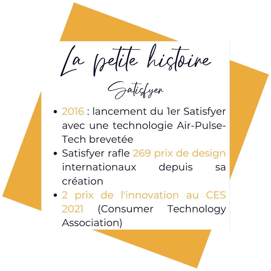 Histoire de Satisfyer.
2016 = lancement du 1er Satisfyer avec la technologie Air-Pulse-Tech brevetée. Satisfyer rafle 269 prix de design internationaux depuis sa création. 2 prix de l'innovation au CES 2021 (Consumer Technology Association)