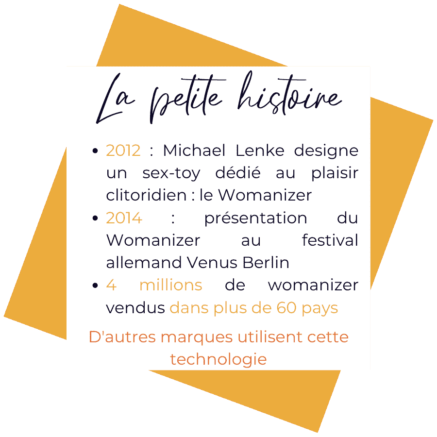 Histoire du sextoy clitoridien sans contact. En 2012, Michael Lenke designe un sextoy dédié au plaisir clitoridien. C'est le Womanizer. En 2014, le Womanizer est présenté au festival allemand Venus Berlin. Depuis ce jour, 4 millions de Womanizer ont été vendus à travers plus de 60 pays et d'autres marques ont récupéré cette technologie à air pulsé pour proposer des sextoys clitoridiens sans contact.